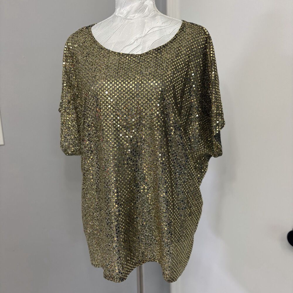 Vintage Joanna Gold Sequin Top Blouse Metallic Shimmer 24W Made in USA Disco 80s
